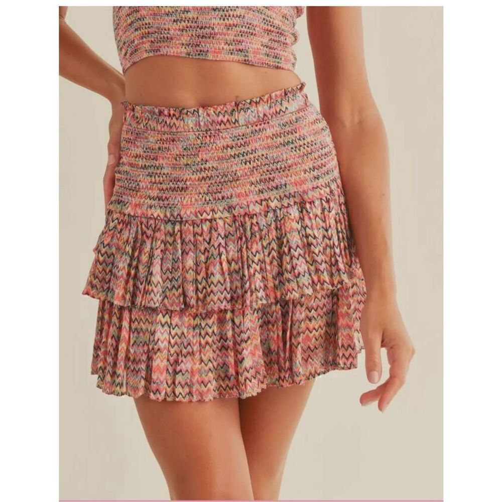 Reset by Jane Smocked Chevron Mini Marled, paisley print Skirt Size Small NWT$90